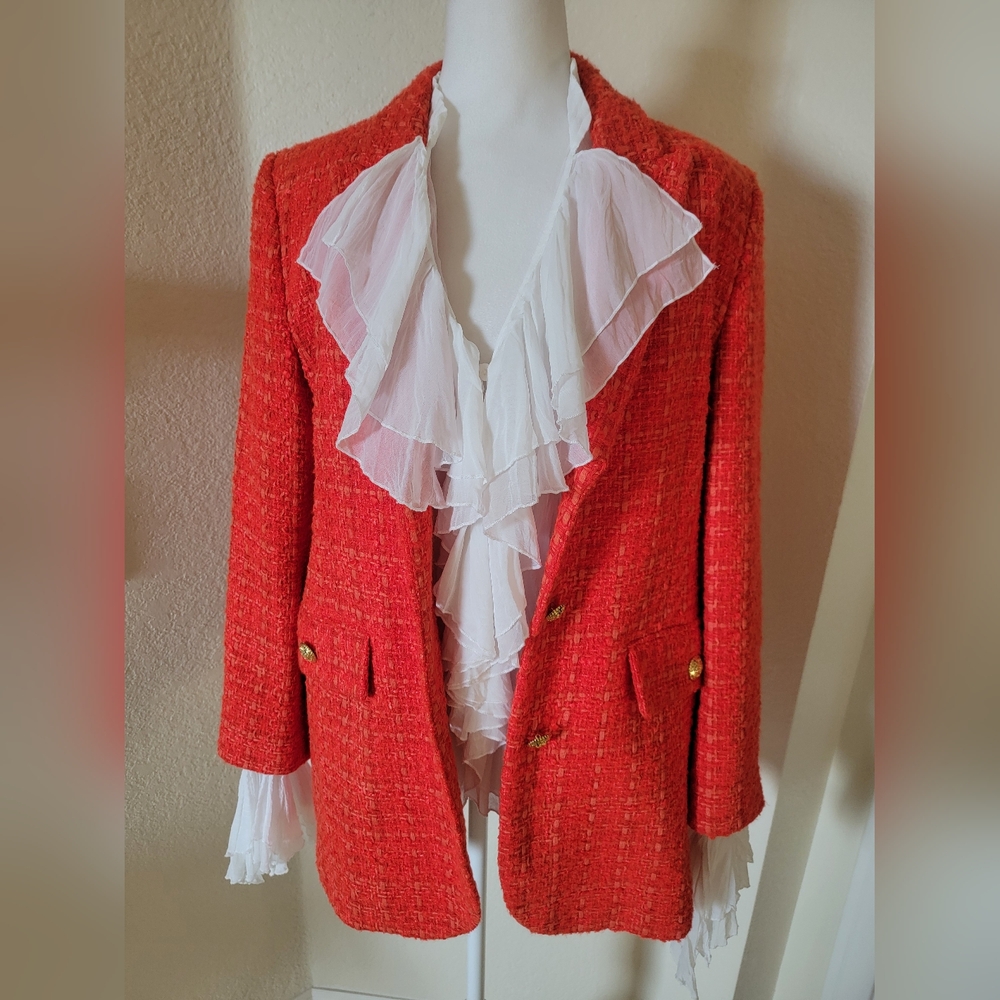Zara Tweed Blazer Vibrant Red/Orange, Gold Buttons, Size Medium - Picture 7 of 15